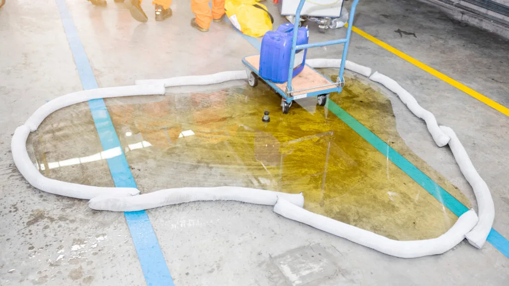 Lupa Ambiental | Barreira absorvente branca contendo vazamento de líquido amarelo em piso de concreto industrial.
