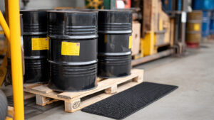 Lupa Ambiental | Tambores de óleo pretos em um pallet de madeira, com um tapete de contenção de borracha preta ao lado em um piso de concreto em um ambiente industrial.