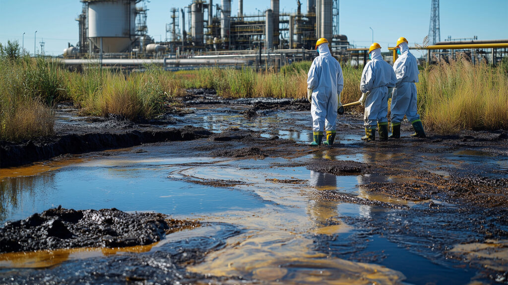 Lupa Ambiental | Três técnicos em trajes de proteção brancos inspecionam solo e água contaminados por resíduos de óleo em frente a uma refinaria.