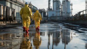 Lupa Ambiental | Dois técnicos em trajes de proteção amarelos inspecionam uma área de fábrica molhada com grandes tanques de armazenamento.