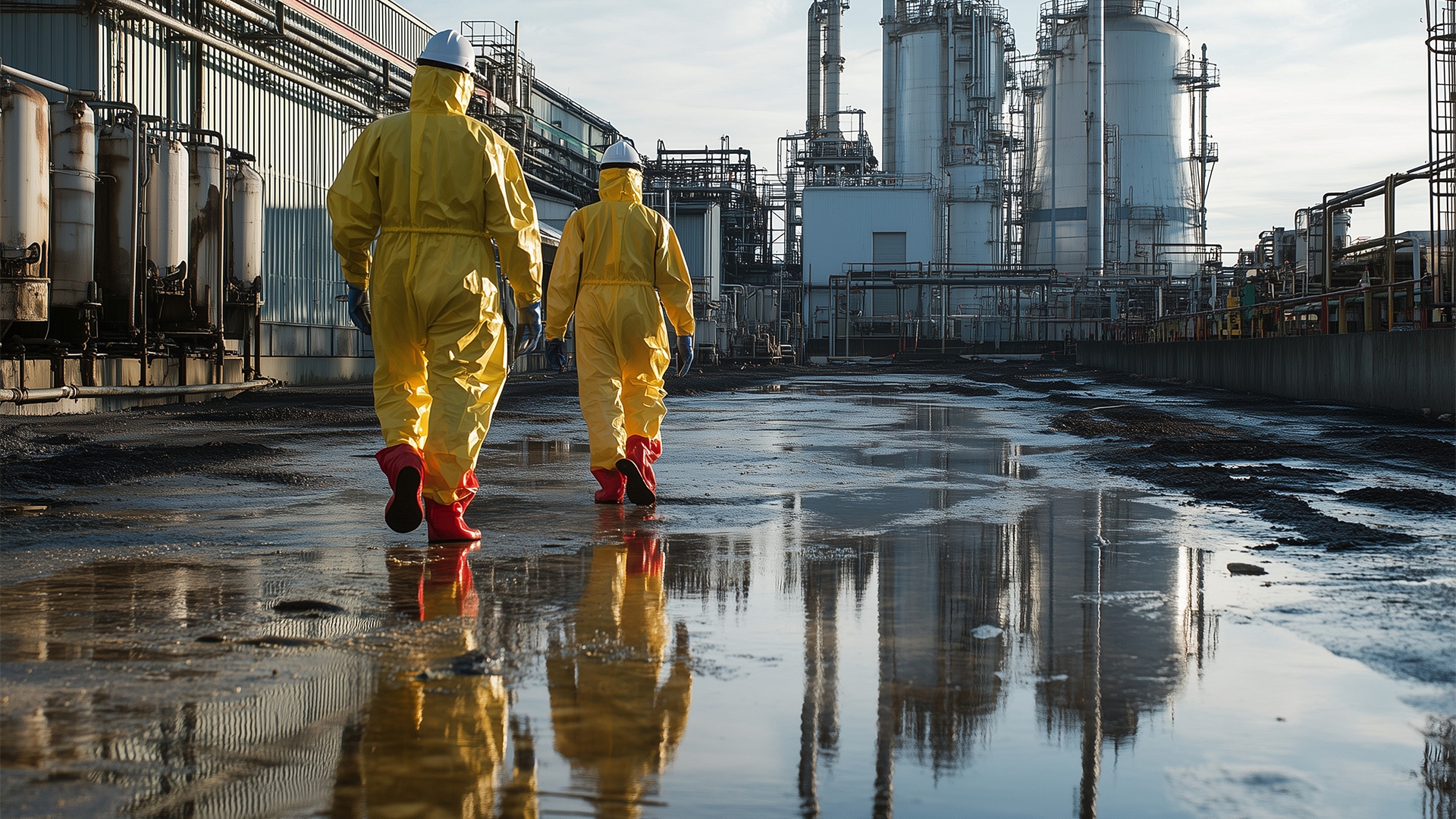Lupa Ambiental | Dois técnicos em trajes de proteção amarelos inspecionam uma área de fábrica molhada com grandes tanques de armazenamento.