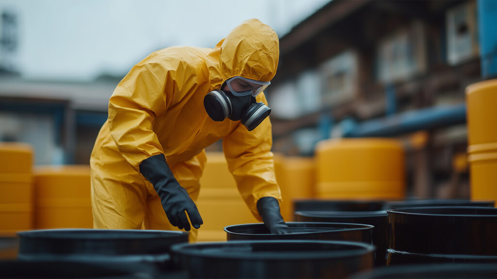 Lupa Ambiental | Close-up de técnico em traje de proteção químico amarelo, luvas pretas e respirador, manuseando tambores de resíduos industriais.